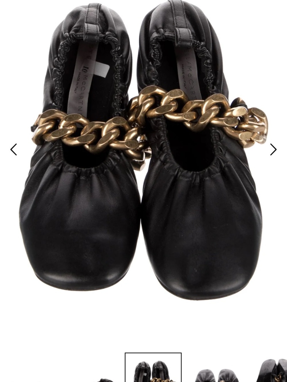 Stella McCartney Black Leather Ballet Flats with Gold Chain Detail